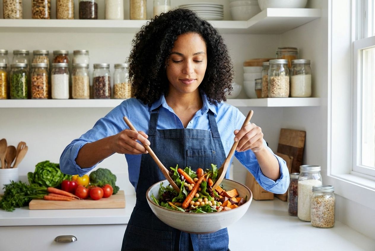 A chef creatively preparing a colourful salad using leftover ingredients in a bright kitchen. A chef creatively preparing a colourful salad using leftover ingredients in a bright kitchen.