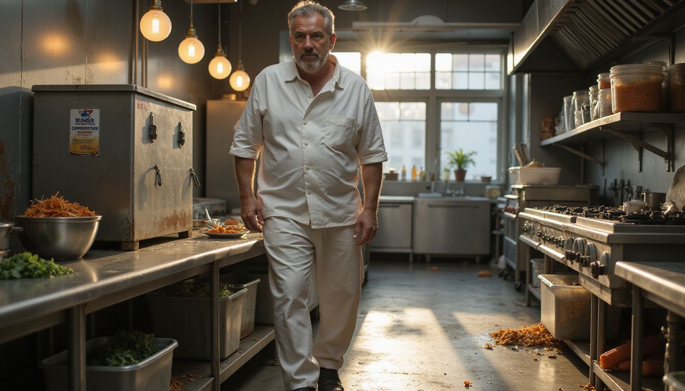A focused male chef works amid a busy hotel kitchen. A focused male chef works amid a busy hotel kitchen.