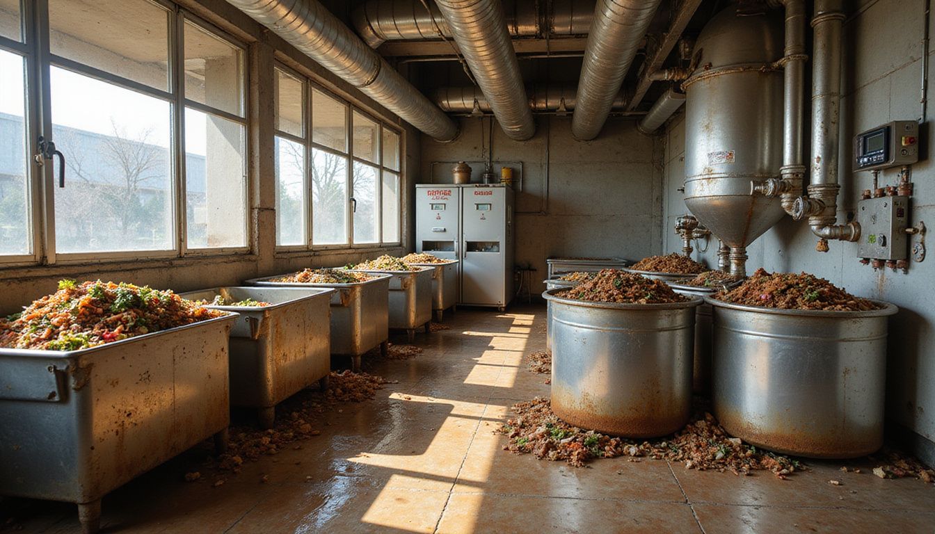A hotel kitchen's organic waste collection area with a biogas digester.