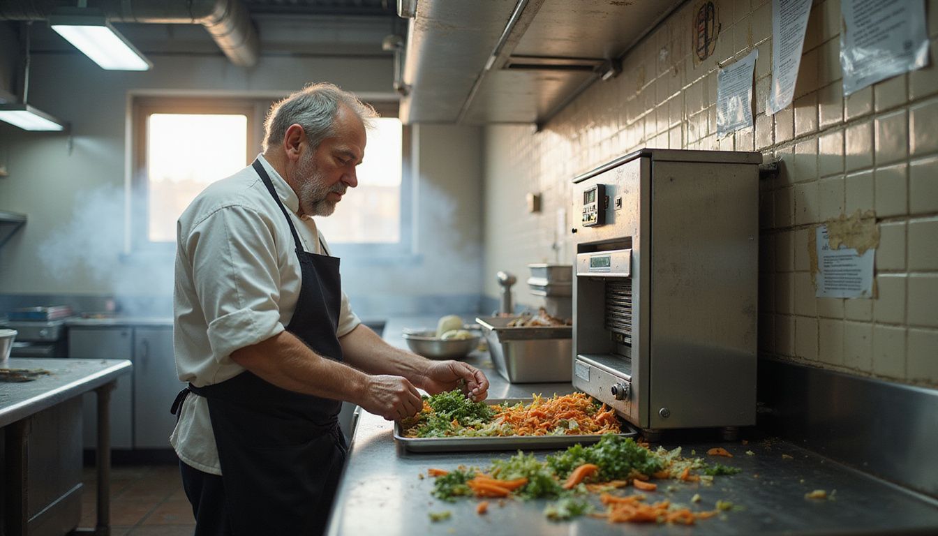 A chef feeds vegetable scraps into a food waste digester in a kitchen.
