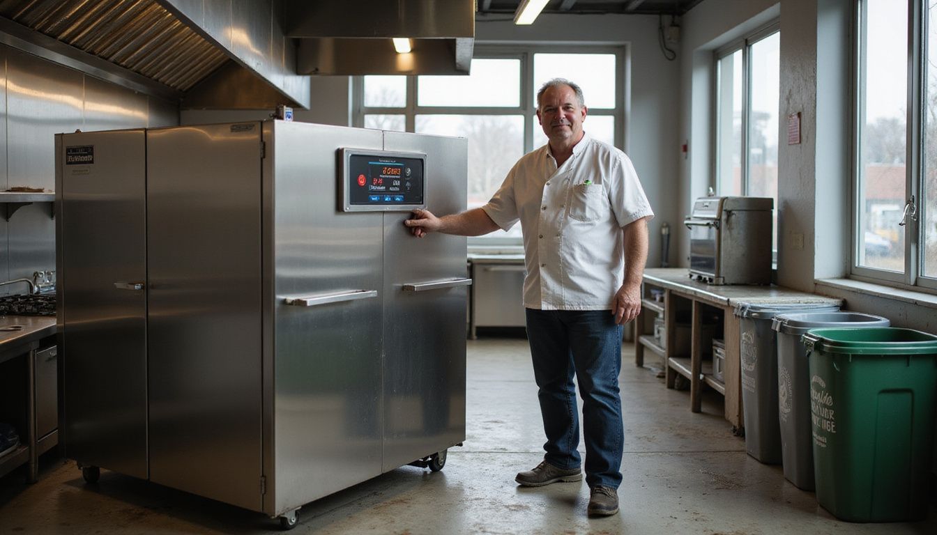 A satisfied kitchen manager stands beside a biodigester in a commercial kitchen. A satisfied kitchen manager stands beside a biodigester in a commercial kitchen.