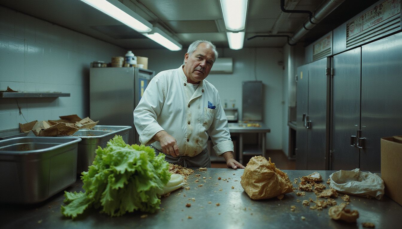 A weary chef demonstrates the realities of kitchen sanitation work.