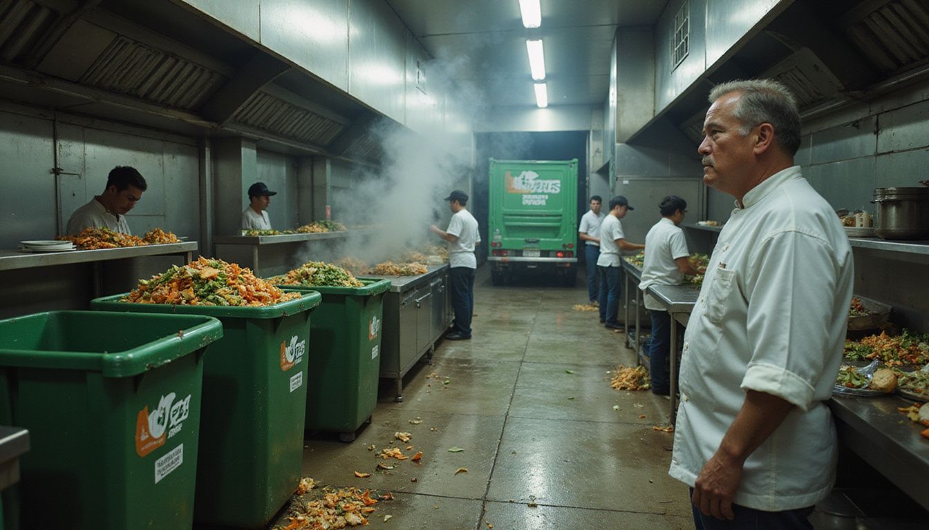 A busy hotel kitchen managing food waste during evening service. A busy hotel kitchen managing food waste during evening service.
