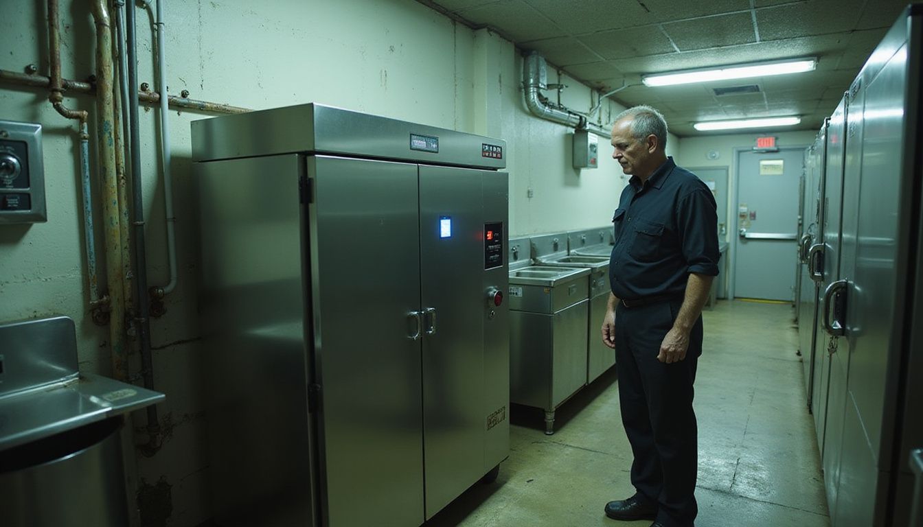 A man examines a stainless steel food waste digester in a utility room.