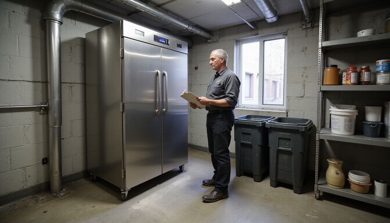A man inspects a stainless steel food digester in a hotel kitchen. A man inspects a stainless steel food digester in a hotel kitchen.