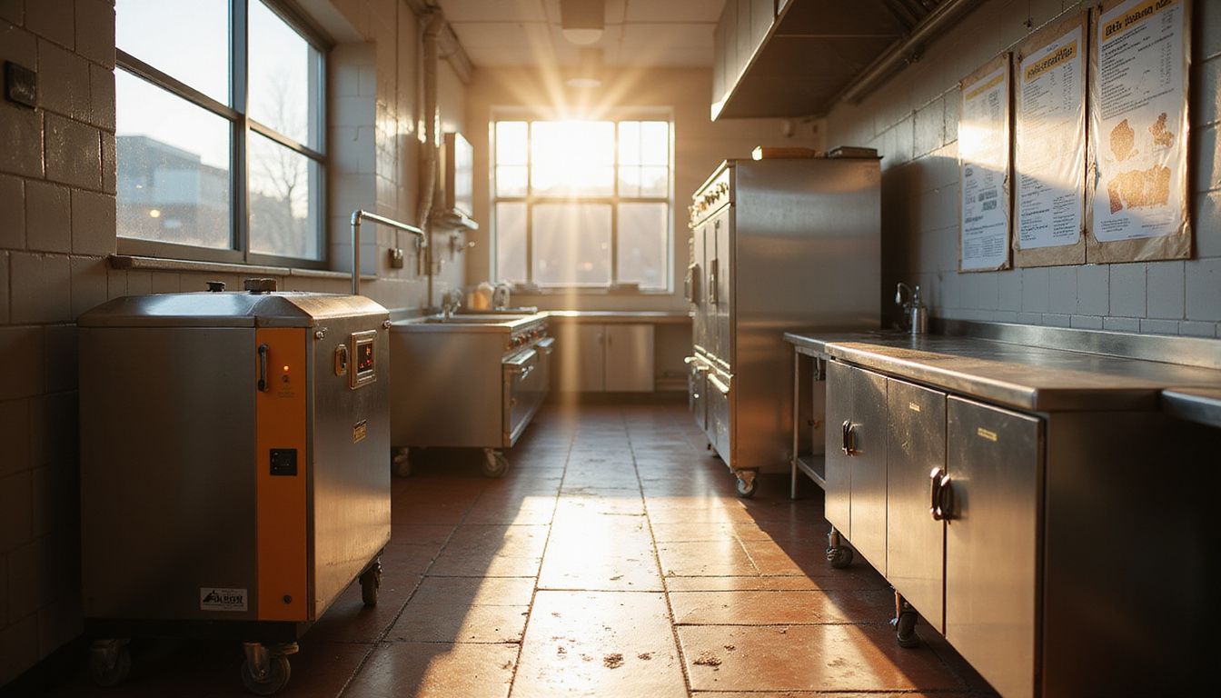 A hotel kitchen showcases food waste management systems in use. A hotel kitchen showcases food waste management systems in use.