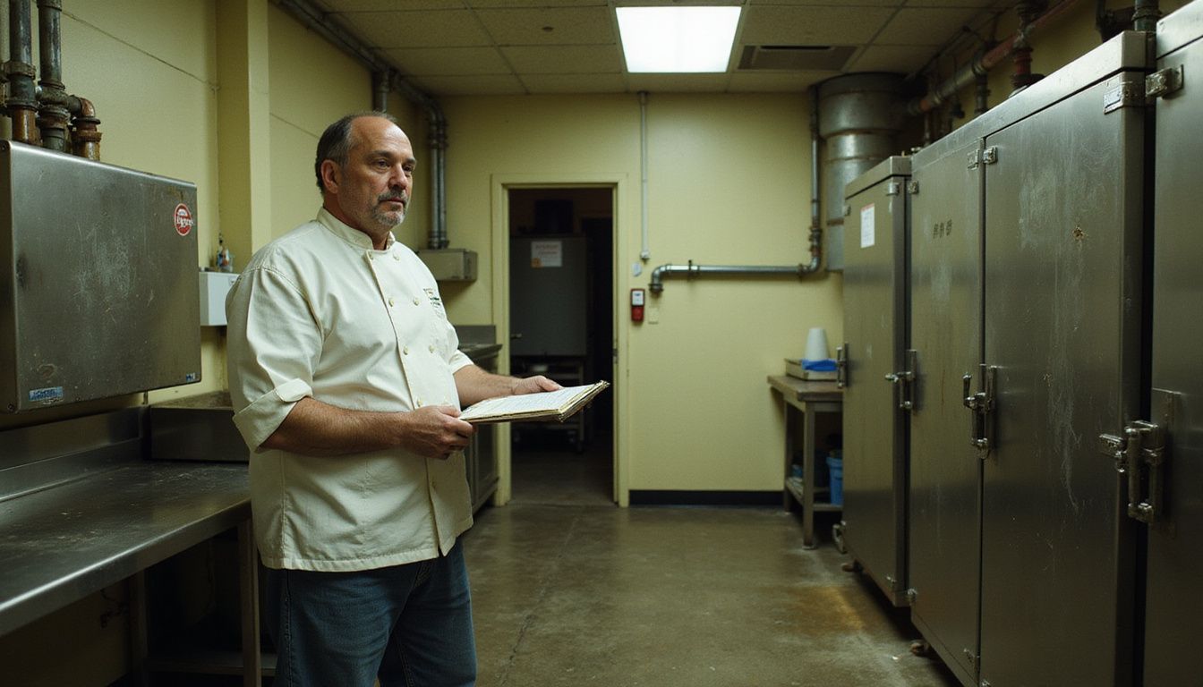 A chef reviews paperwork in a functional hotel kitchen waste room.