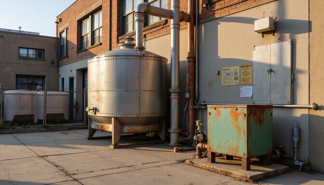 A biogas digester system behind a commercial hotel kitchen, showcasing industrial equipment. A biogas digester system behind a commercial hotel kitchen, showcasing industrial equipment.