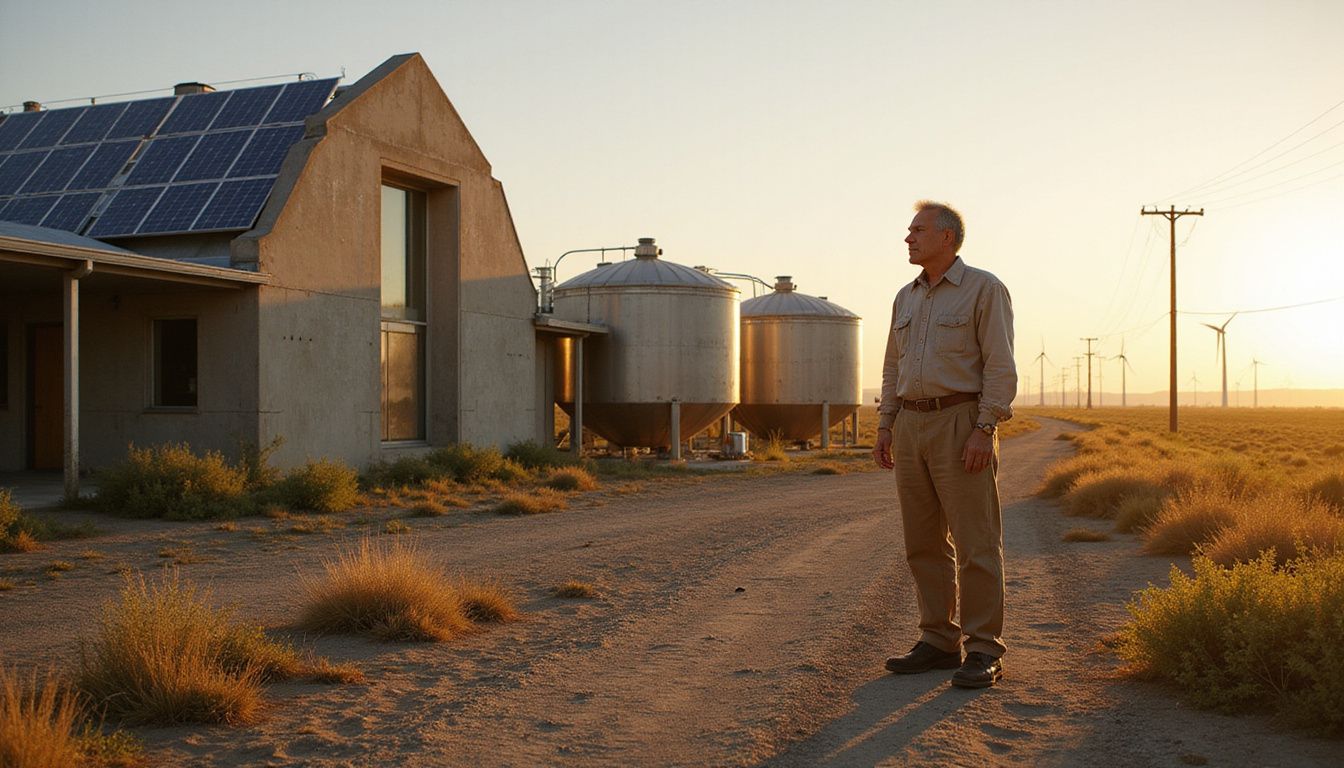 A man observes a sustainable hotel complex with renewable energy features.