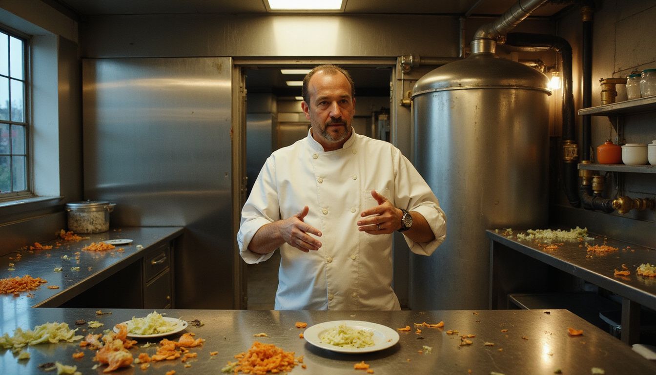 A chef instructs staff in a busy hotel kitchen's final hour. A chef instructs staff in a busy hotel kitchen's final hour.