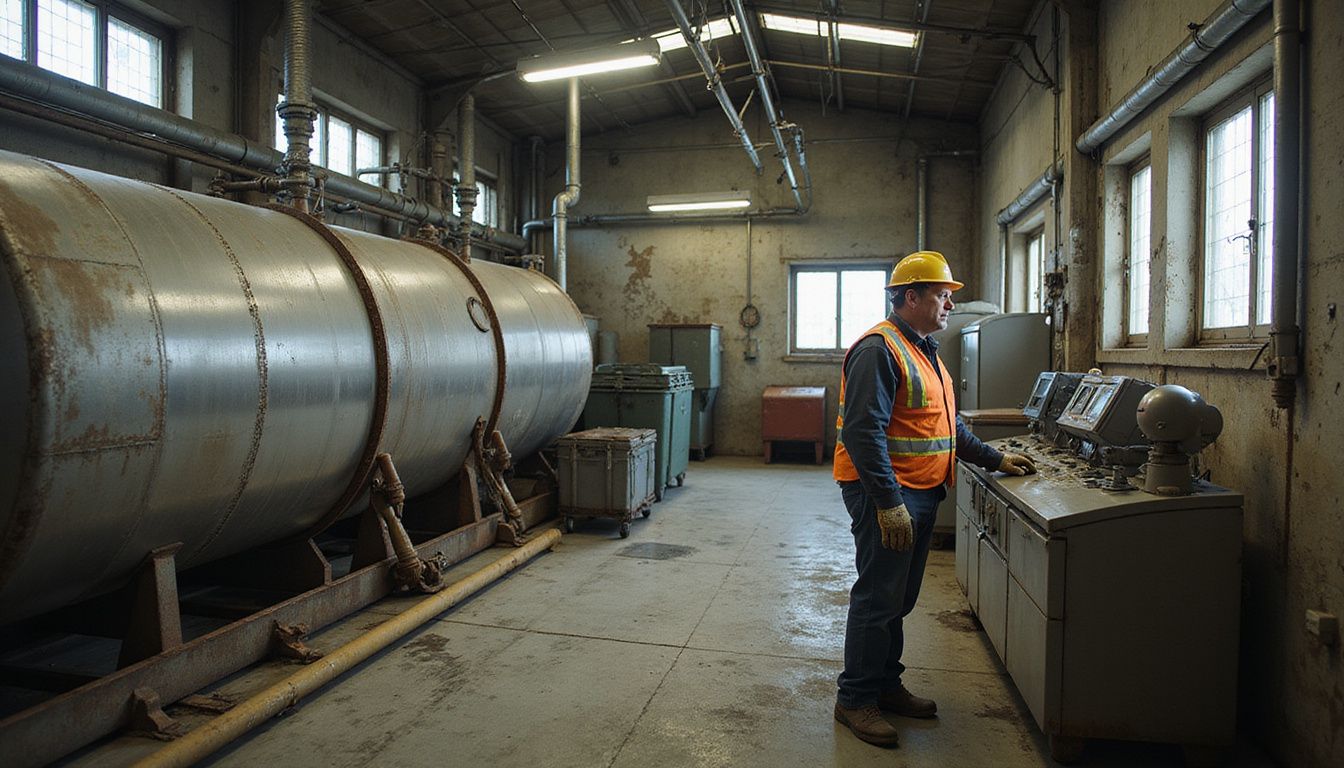 Man operating machinery in a weathered industrial biogas facility.