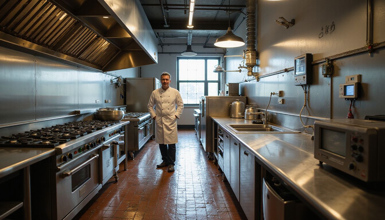 A busy professional kitchen with heavy-duty equipment and a focused chef. A busy professional kitchen with heavy-duty equipment and a focused chef.