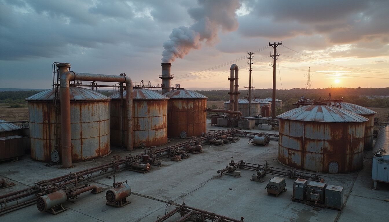 Aerial view of a weathered biogas treatment facility at twilight.