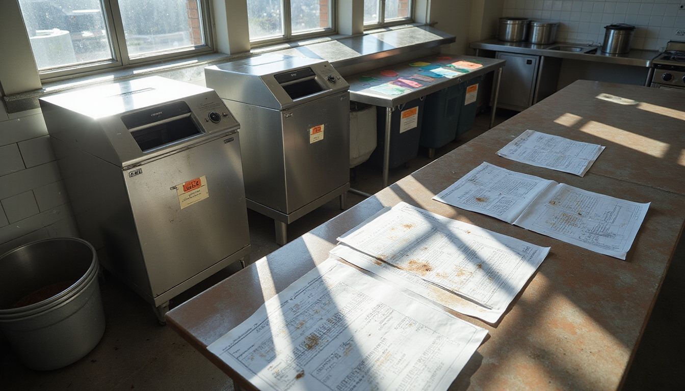 A busy commercial hotel kitchen with detailed operational clutter and wear.