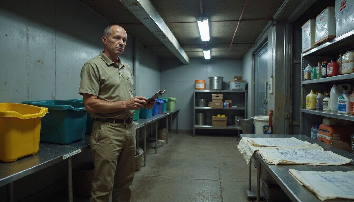A middle-aged man inspects a dimly-lit waste management facility. A middle-aged man inspects a dimly-lit waste management facility.