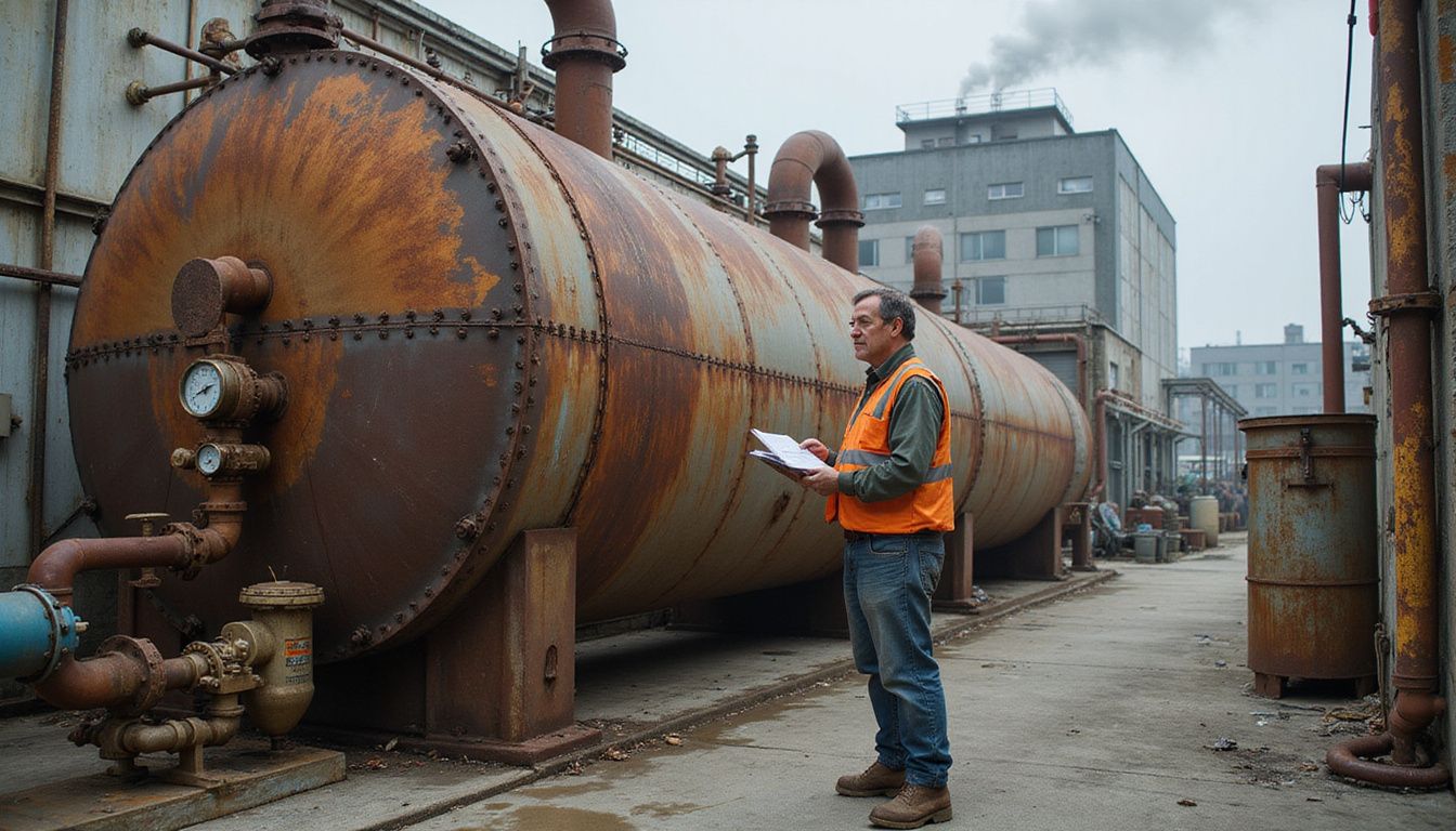 A worker inspects maintenance logs at a biogas digester facility.