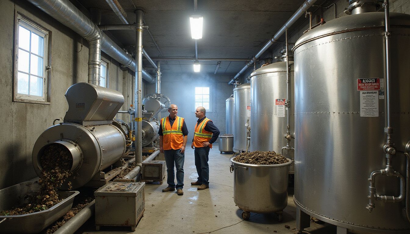 Workers inspect a commercial anaerobic digester facility processing food waste. Workers inspect a commercial anaerobic digester facility processing food waste.