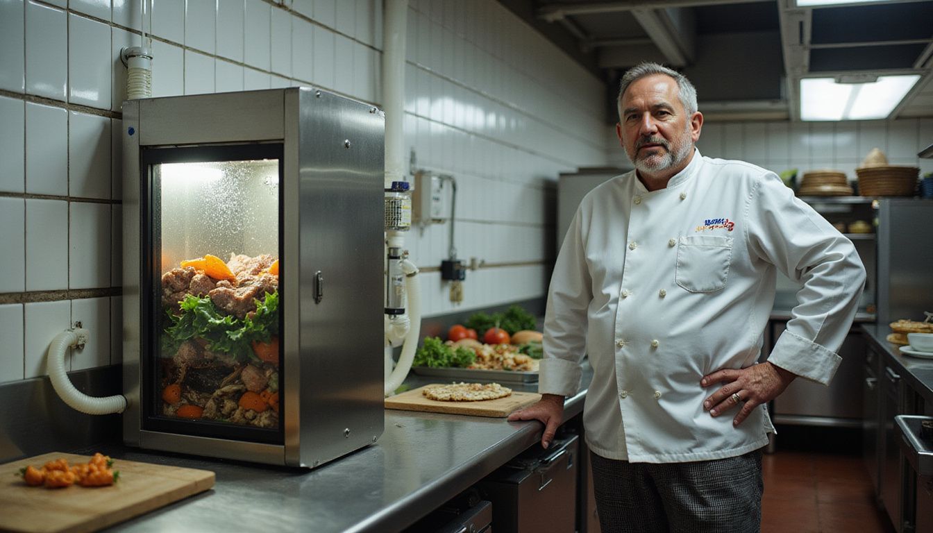A kitchen manager observes a stainless steel aerobic digester in use.