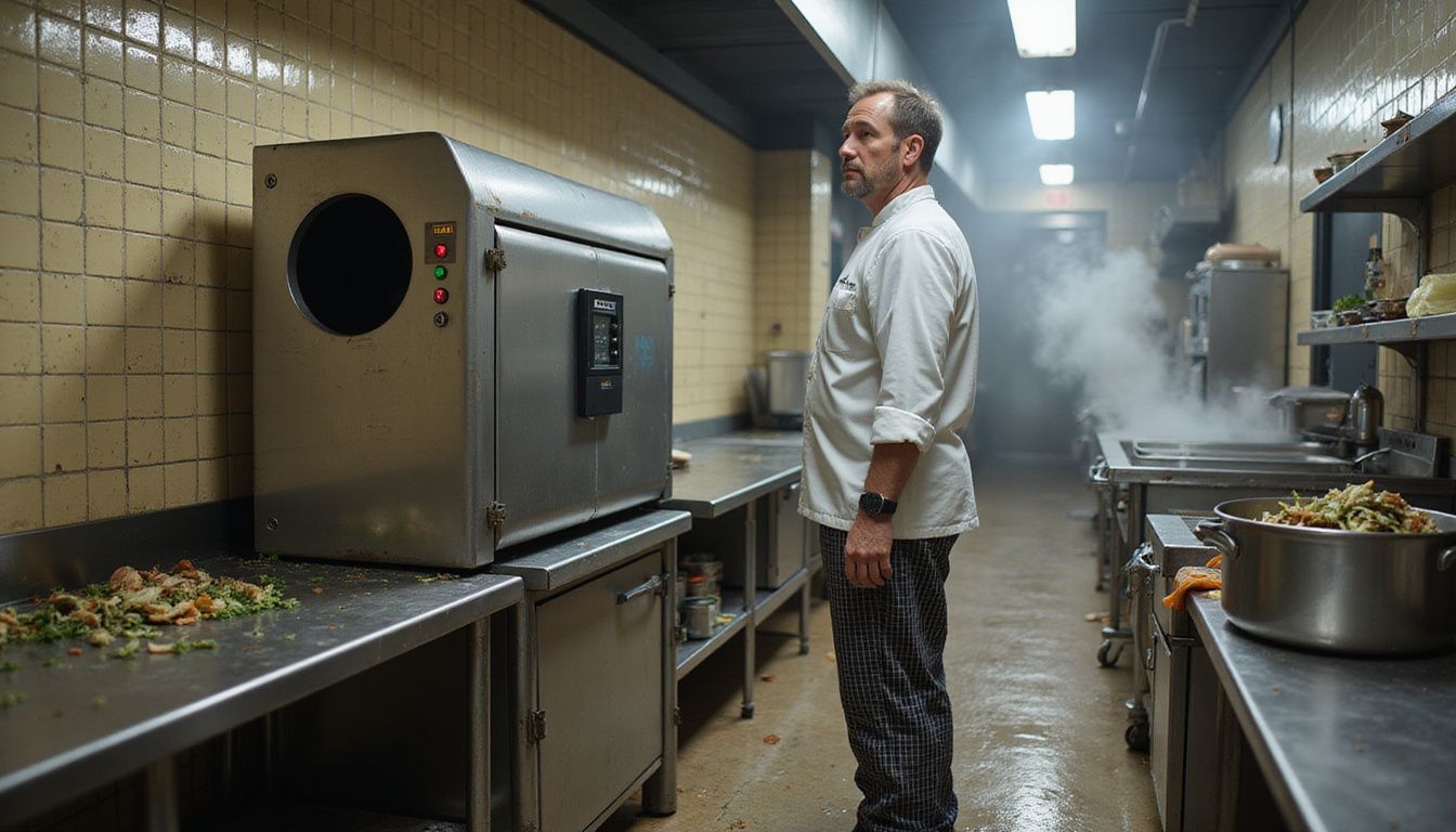 A chef observes a food waste digester in a busy kitchen. A chef observes a food waste digester in a busy kitchen.