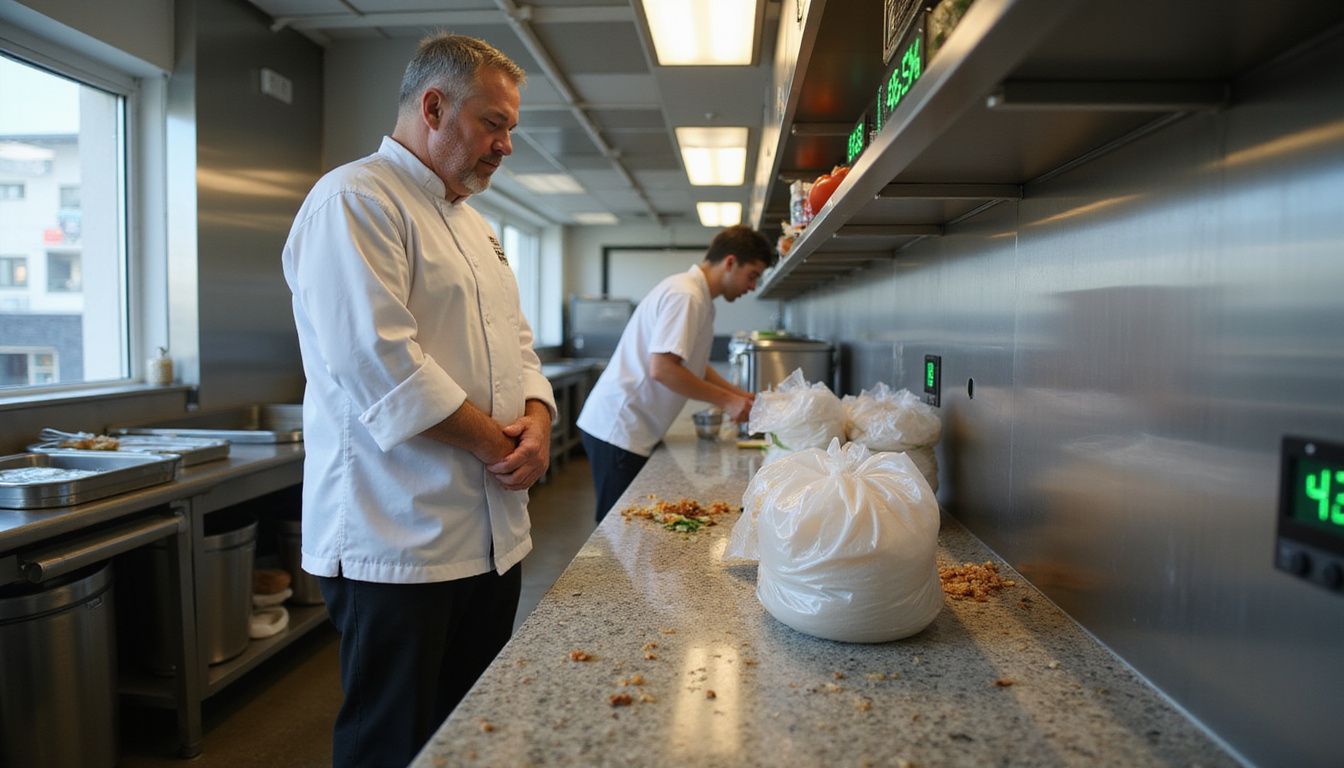 A chef monitors waste reduction in a busy hotel kitchen.