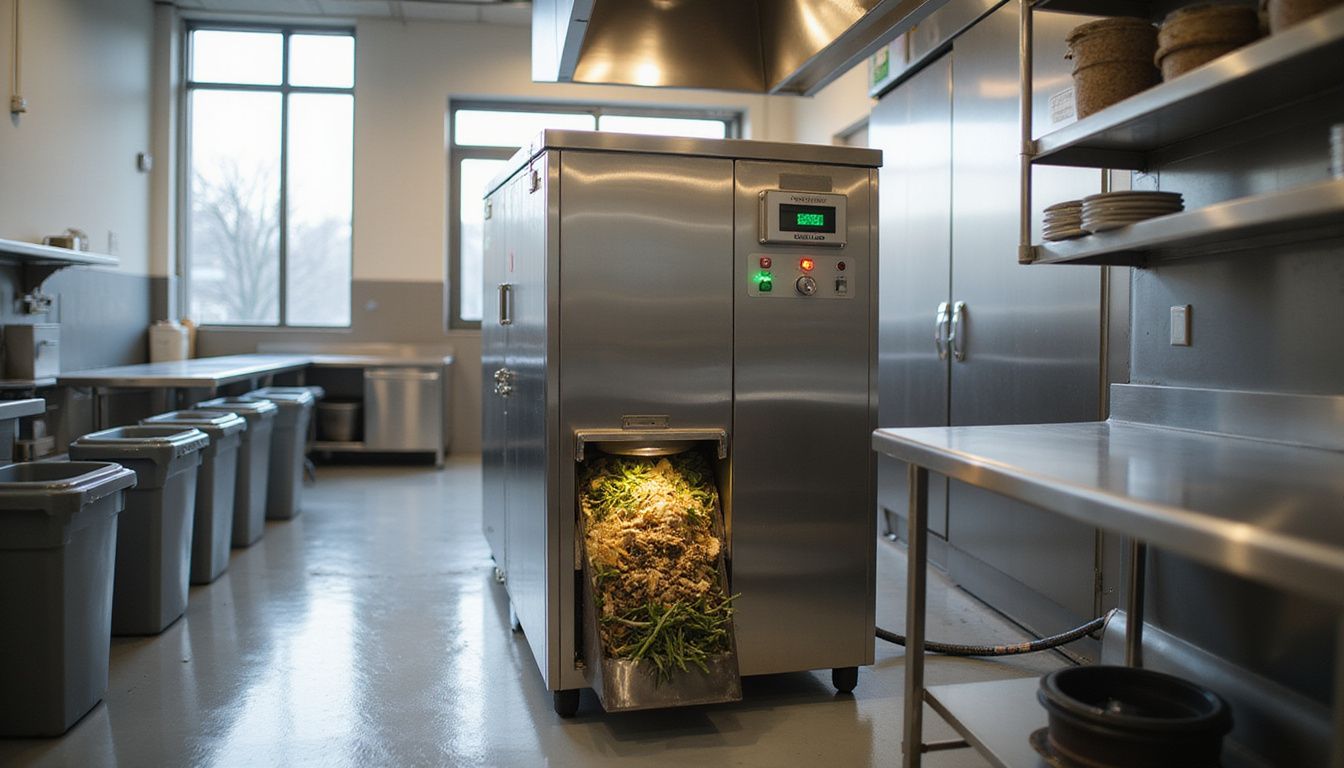 A stainless steel food waste digester in a professional kitchen. A stainless steel food waste digester in a professional kitchen.