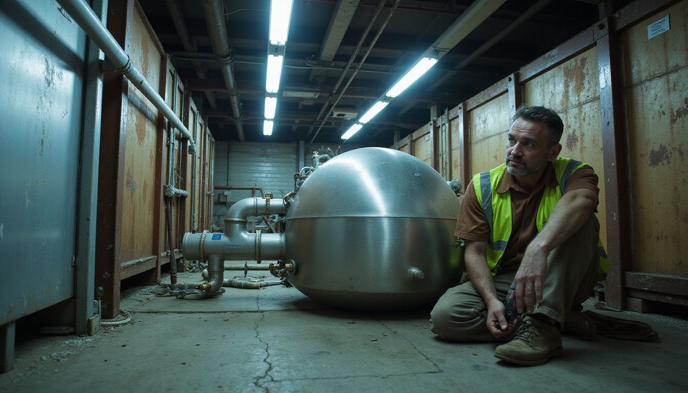 A worker adjusts a stainless steel aerobic digester in an urban loading dock. A worker adjusts a stainless steel aerobic digester in an urban loading dock.