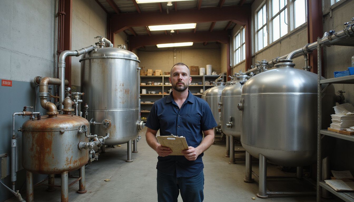 A man inspects two waste processing systems in a hotel kitchen.