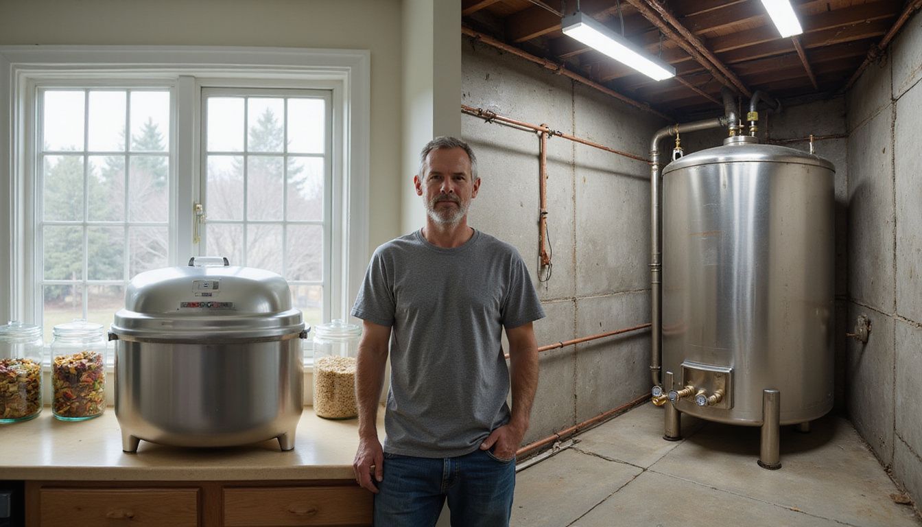 A man examines two residential composting systems in a home setting. A man examines two residential composting systems in a home setting.