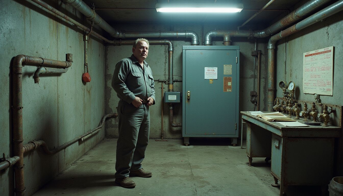 A concerned maintenance worker assesses aging industrial equipment in a basement.