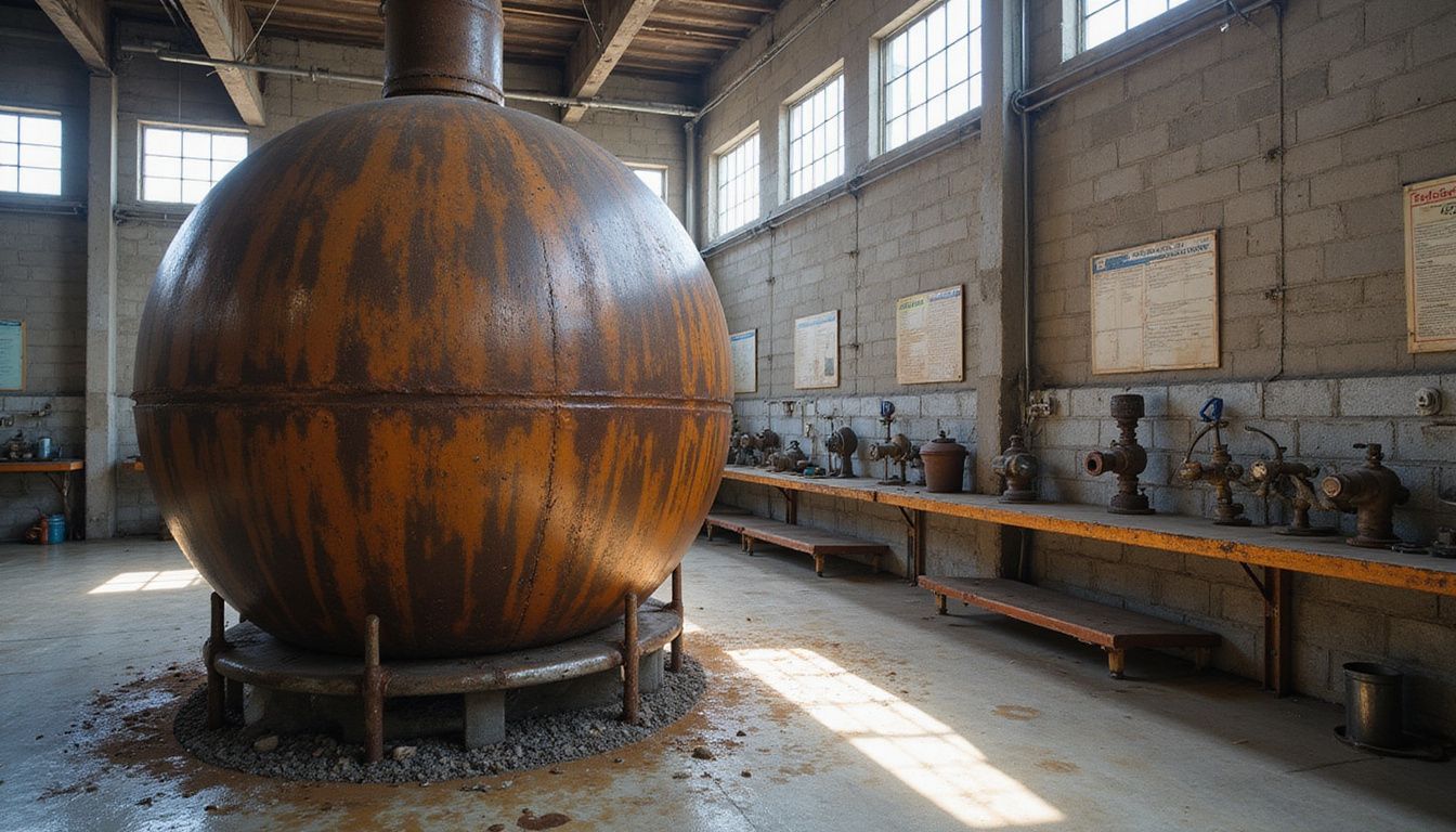 A weathered biogas digester tank showcases years of industrial wear and maintenance. A weathered biogas digester tank showcases years of industrial wear and maintenance.