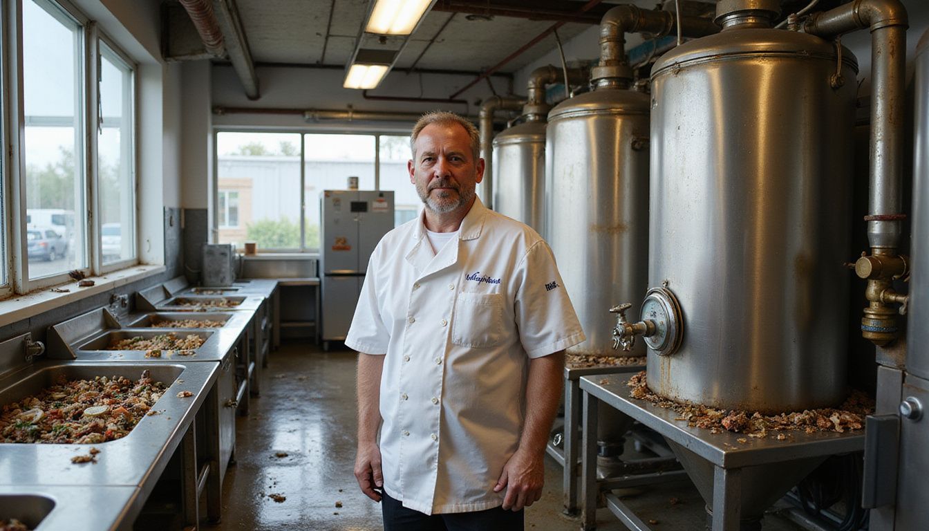 A fatigued chef works amidst a busy, worn commercial kitchen. A fatigued chef works amidst a busy, worn commercial kitchen.