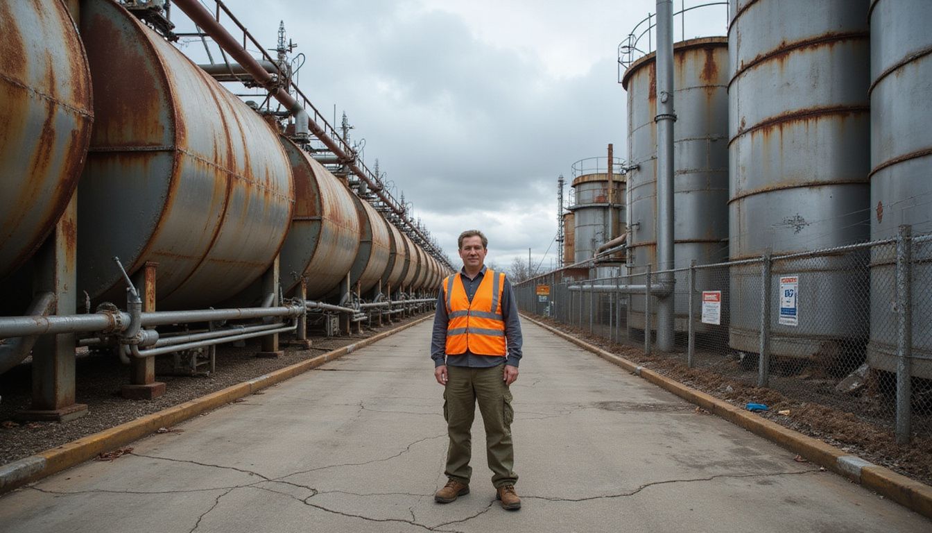An industrial anaerobic digestion facility with aging equipment and a worker.