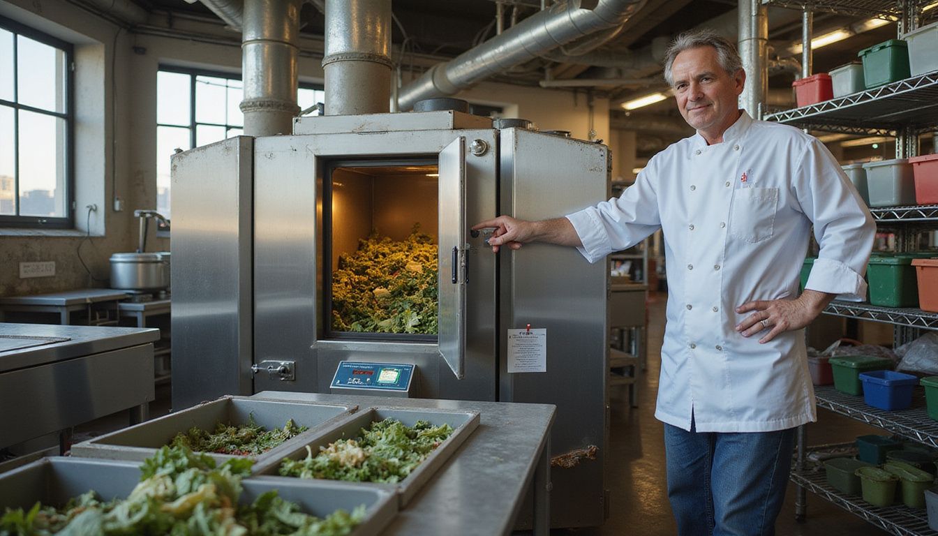 A chef observes a food digester in a busy hotel kitchen.