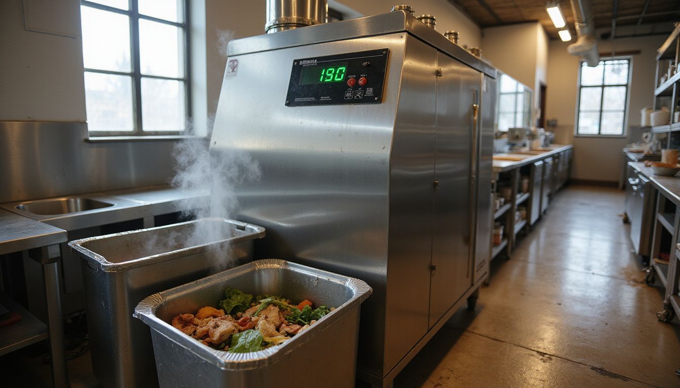 A busy hotel kitchen featuring a stainless steel food digester. A busy hotel kitchen featuring a stainless steel food digester.