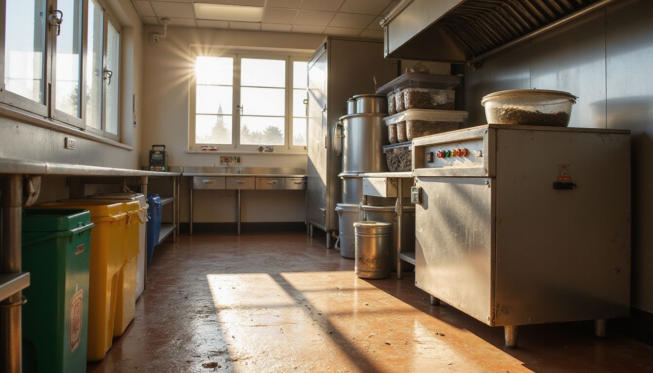 A busy commercial kitchen featuring a food waste digester and prep stations. A busy commercial kitchen featuring a food waste digester and prep stations.