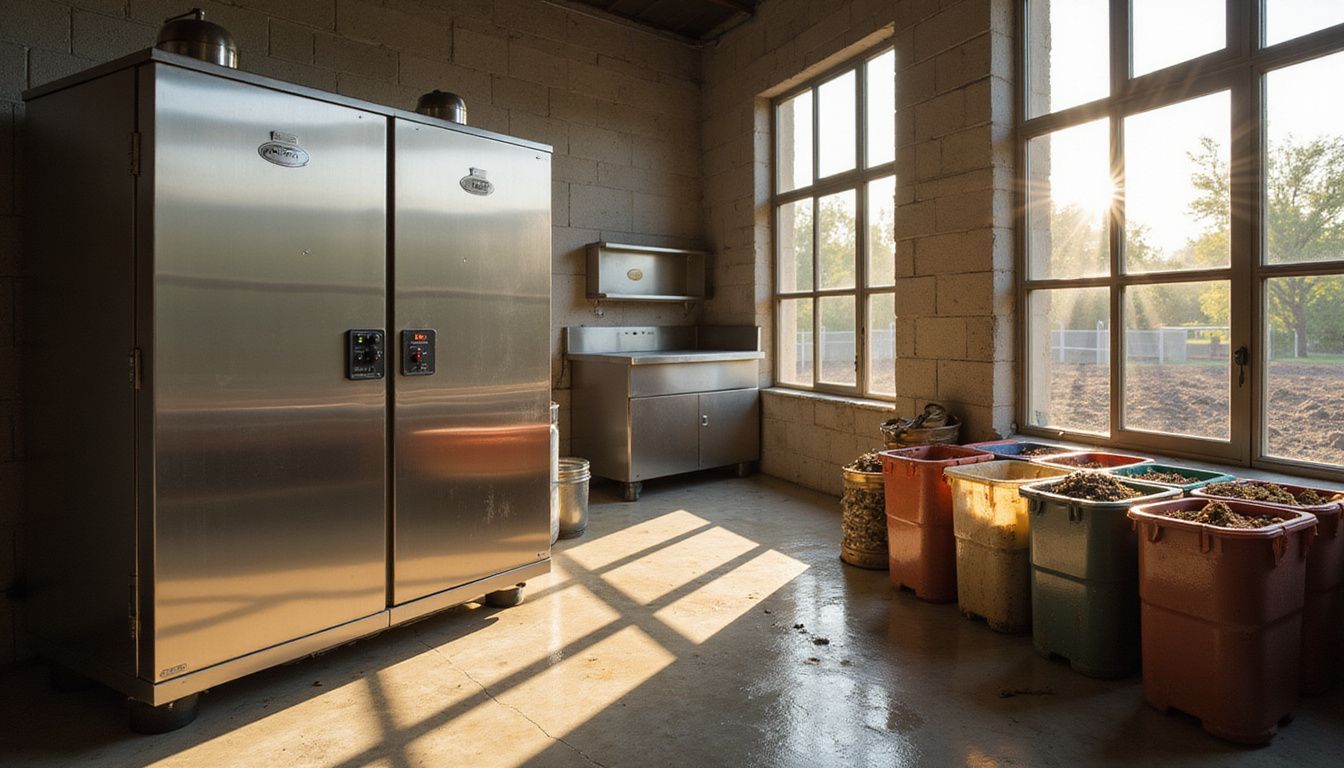 A professional hotel kitchen featuring a stainless steel anaerobic digester unit.