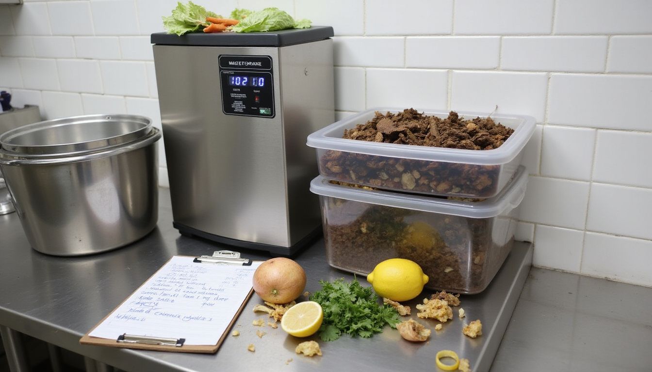 A stainless steel waste management station in a commercial kitchen.