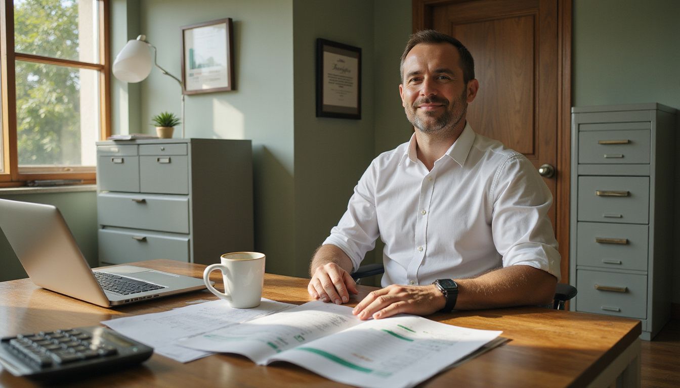 A man reviews expense reports at a contemporary hotel office. A man reviews expense reports at a contemporary hotel office.